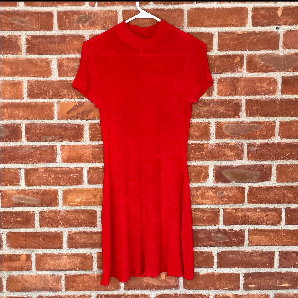 Vintage 90’s red mock neck ribbed short sleeve mini flare dress